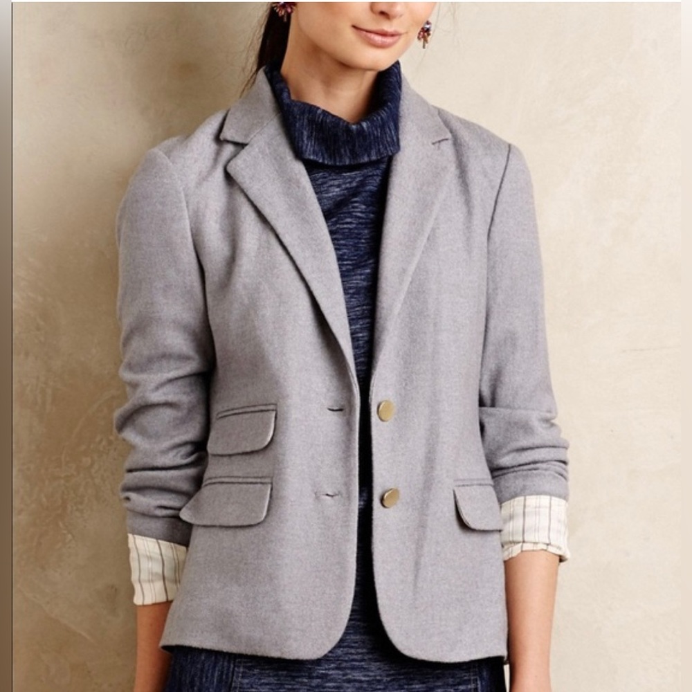 Anthropologie Cartonnier Gray Wool Blazer with Gold Buttons